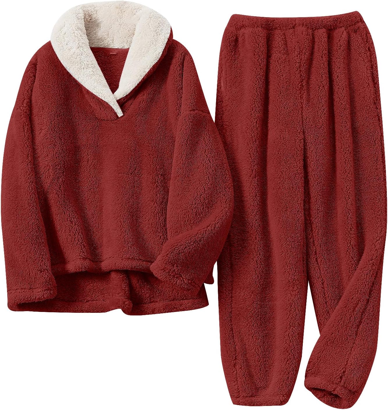 Pyjama polaire pour femme de couleur rouge bordeaux, composé d’un haut doux à col large doublé en sherpa blanc et d’un pantalon assorti. Ensemble chaud, moelleux et très confortable, parfait pour l’hiver et les moments cocooning.