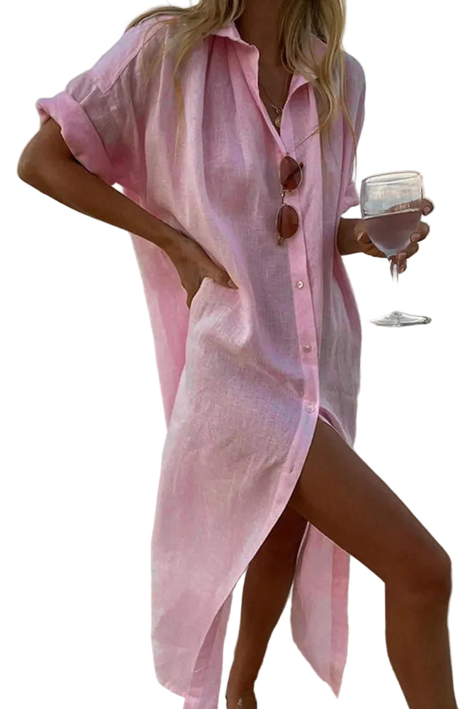 Robe en lin rose clair pour femme, légère et fluide, parfaite pour les journées d'été. Dotée de manches retroussées et d'une coupe ample, elle offre un style décontracté tout en restant élégante. Idéale pour se détendre au bord de la plage ou lors de promenades estivales, cette robe vous apportera confort et raffinement.