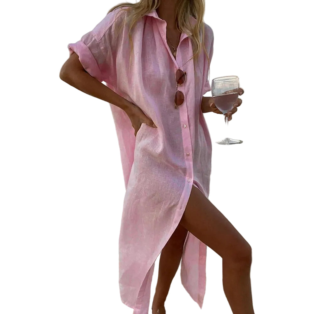 Robe en lin rose clair pour femme, légère et fluide, parfaite pour les journées d'été. Dotée de manches retroussées et d'une coupe ample, elle offre un style décontracté tout en restant élégante. Idéale pour se détendre au bord de la plage ou lors de promenades estivales, cette robe vous apportera confort et raffinement.