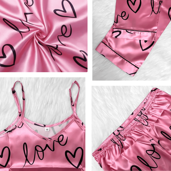 tissu satiné rose orné de cœurs et du mot fines bretelles réglables du débardeur, ourlets soignés du pantalon et taille élastique confortable, mettant en valeur la qualité et la douceur de l’ensemble.