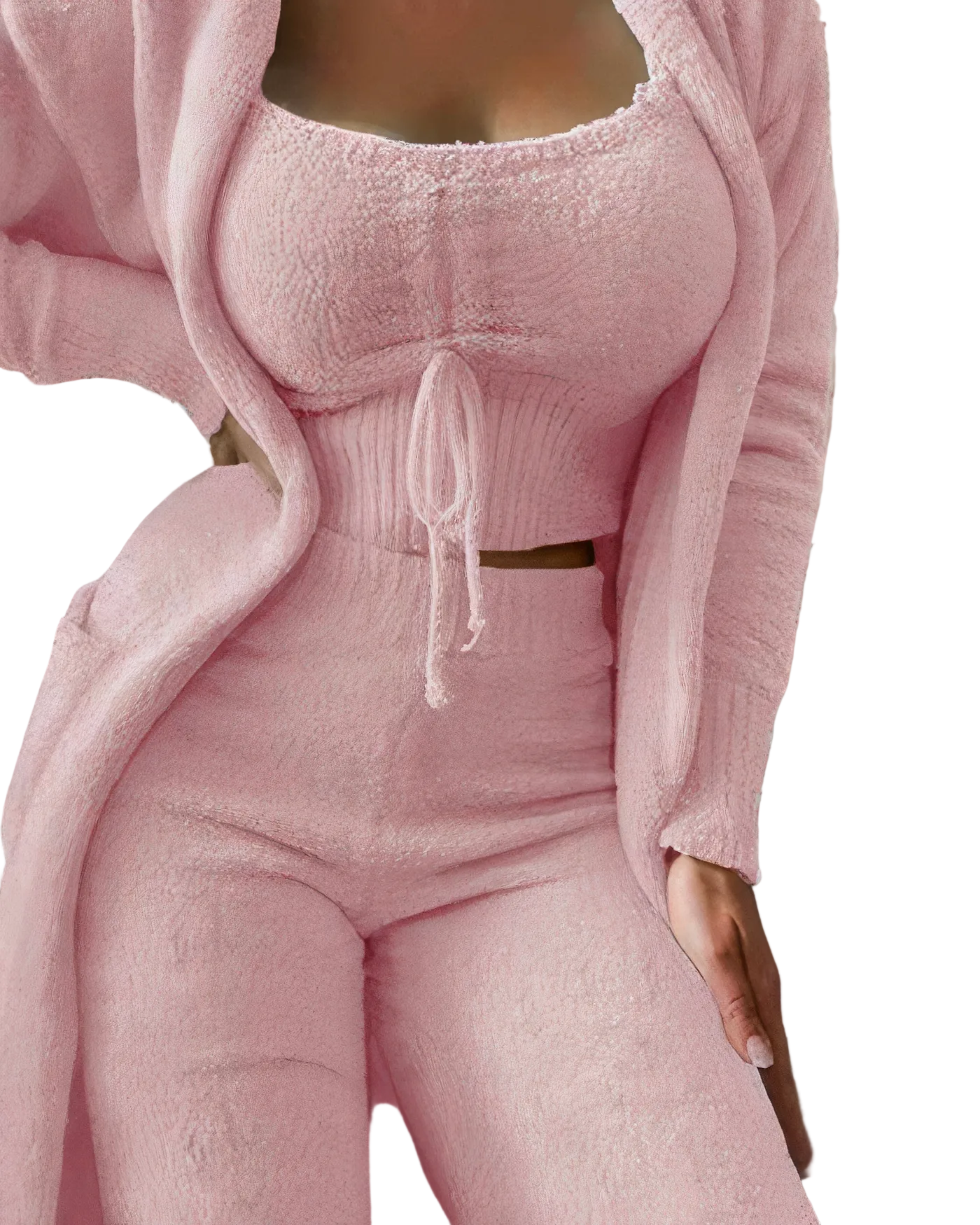 Pyjama femme Josette rose poudré, ensemble deux pièces élégant et confortable avec haut à encolure carrée, manches longues, lien à nouer à la taille et pantalon ajusté, tissu doux et texturé.