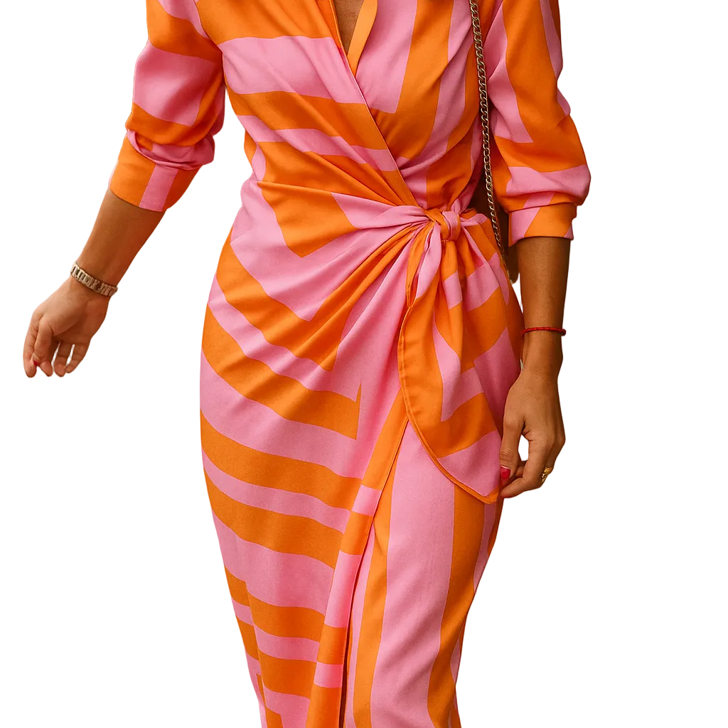 Robe portefeuille à rayures roses et oranges, avec un nœud sur le côté, parfaite pour un look chic et décontracté, idéale pour une sortie estivale.