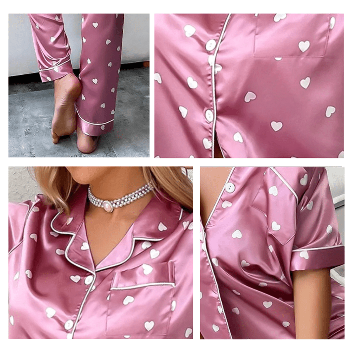 Collage de détails du pyjama femme pyjama doux, élégant et confortable en satin rose orné de petits cœurs blancs, de boutons en nacre, d'une poche poitrine et de finitions soignées aux ourlets et au col, soulignant la qualité et la douceur de cet ensemble féminin.