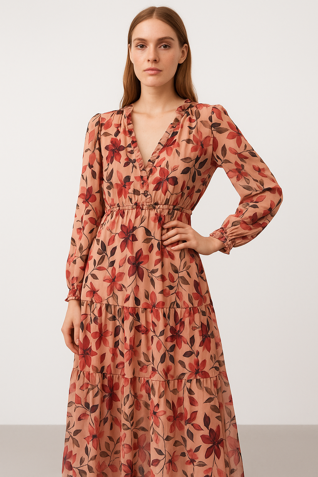 Robe Longue Fleurie Élégante avec Décolleté en V pour l'Été 0