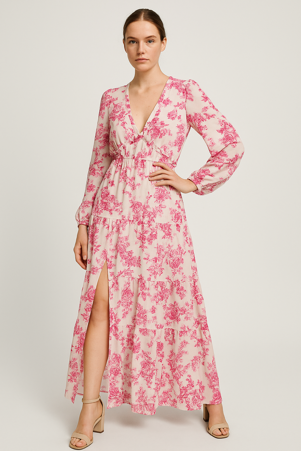 Robe Longue Fleurie Élégante avec Décolleté en V pour l'Été 10