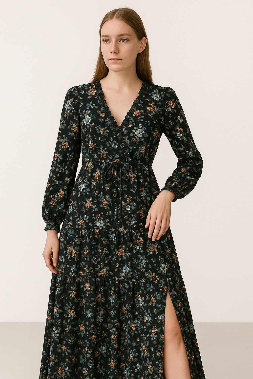 Robe Longue Fleurie Élégante avec Décolleté en V pour l'Été 2