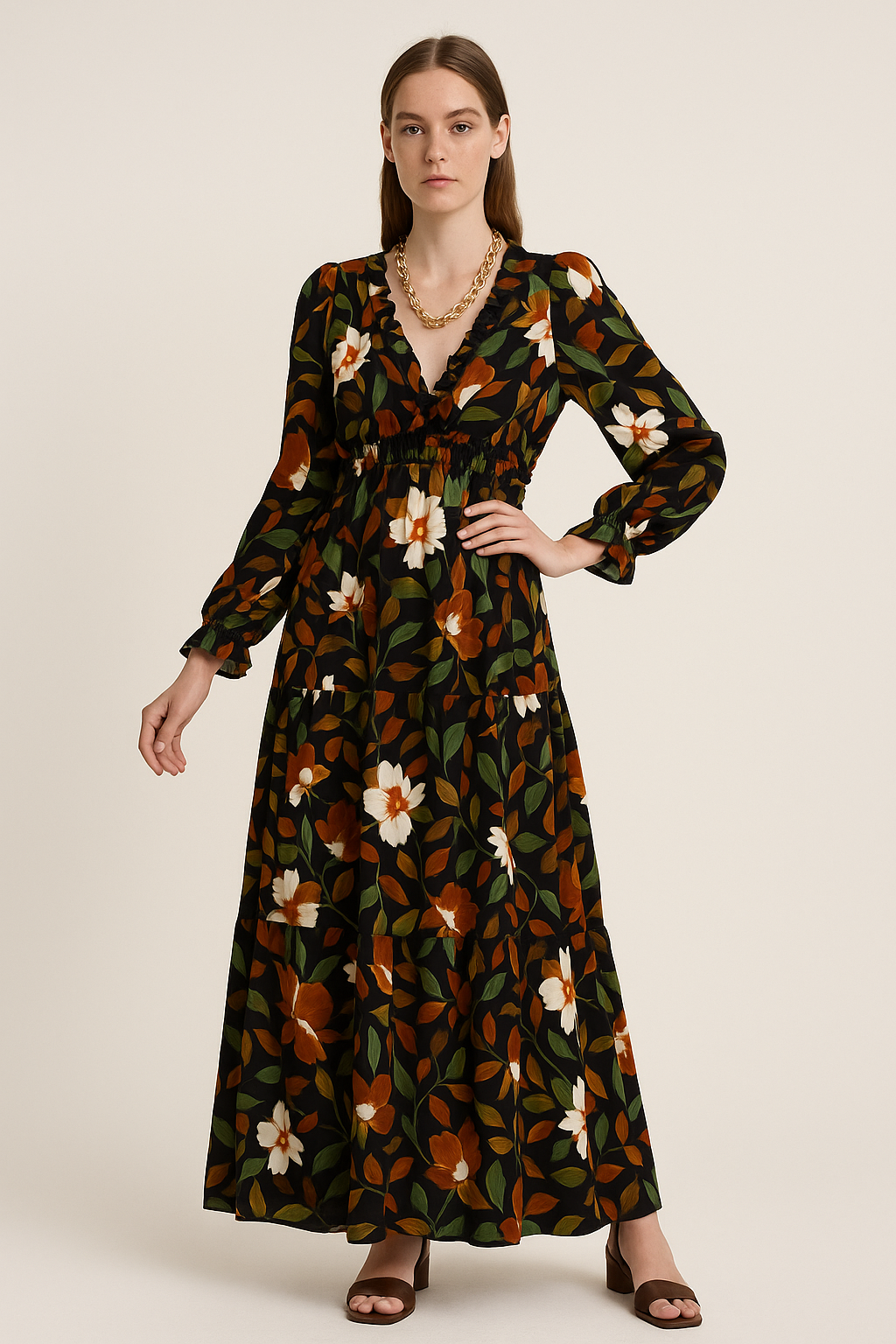 Robe Longue Fleurie Élégante avec Décolleté en V pour l'Été 7