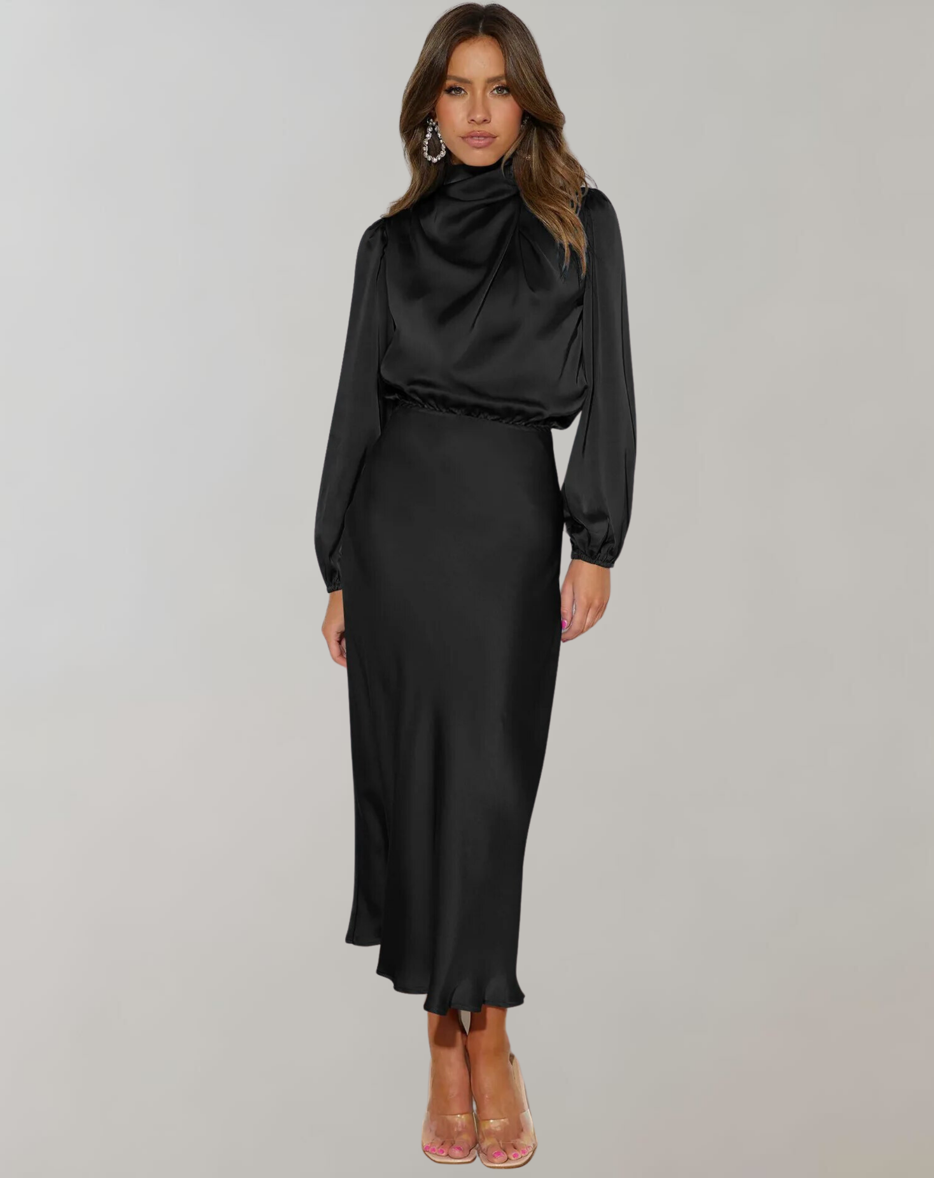 Robe Midi Chic Femme au Col Montant Élégante pour Occasions Spéciales 0