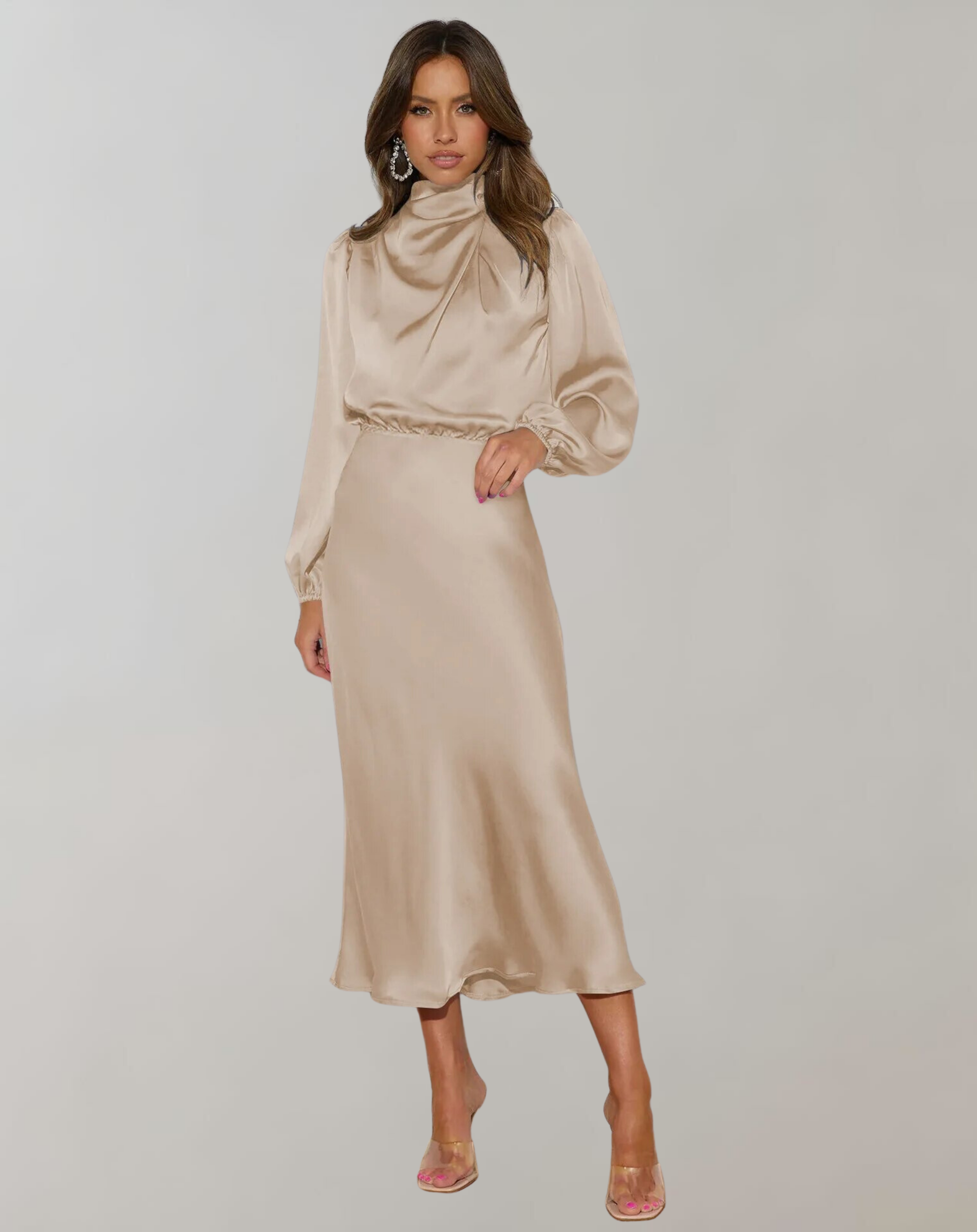Robe Midi Chic Femme au Col Montant Élégante pour Occasions Spéciales 2