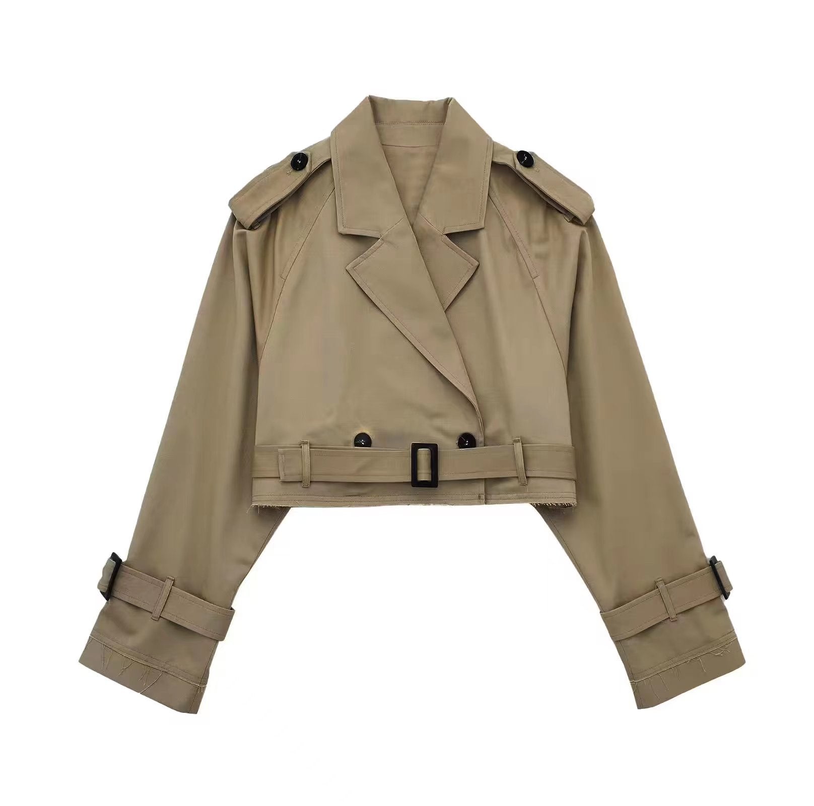 Trench Femme Élégant Court avec Ceinture en Polyester - Disponible en Beige, Kaki, Gris et Noir, Tailles XS à XL 0