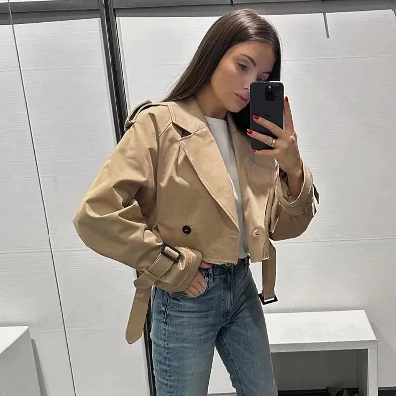 Trench Femme Élégant Court avec Ceinture en Polyester - Disponible en Beige, Kaki, Gris et Noir, Tailles XS à XL 1