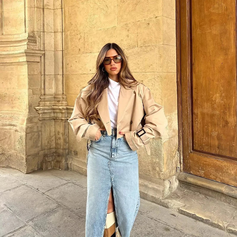 Trench Femme Élégant Court avec Ceinture en Polyester - Disponible en Beige, Kaki, Gris et Noir, Tailles XS à XL 5