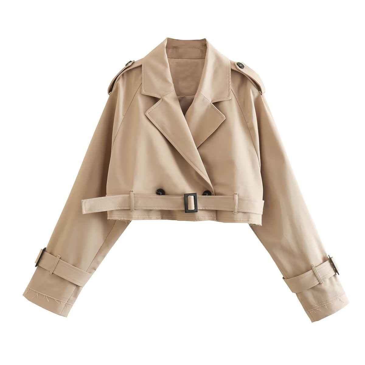 Trench Femme Élégant Court avec Ceinture en Polyester - Disponible en Beige, Kaki, Gris et Noir, Tailles XS à XL 6