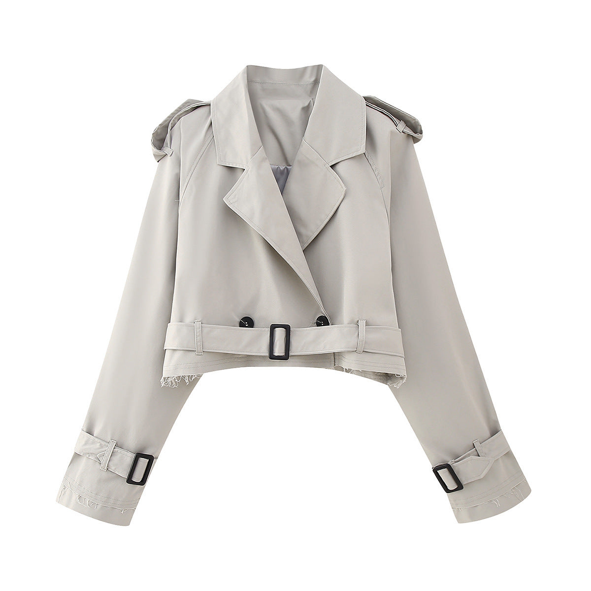 Trench Femme Élégant Court avec Ceinture en Polyester - Disponible en Beige, Kaki, Gris et Noir, Tailles XS à XL 7