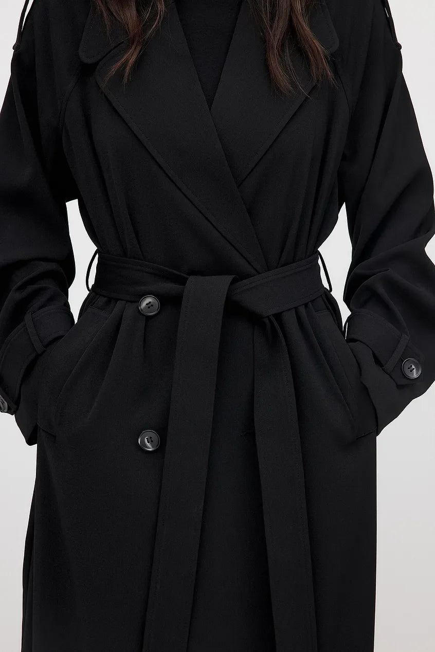 Trenchcoat Femme Élégant en Noir et Gris Foncé, Long avec Ceinture Ajustable et Détails Classiques 0