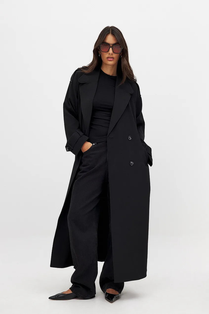 Trenchcoat Femme Élégant en Noir et Gris Foncé, Long avec Ceinture Ajustable et Détails Classiques 1