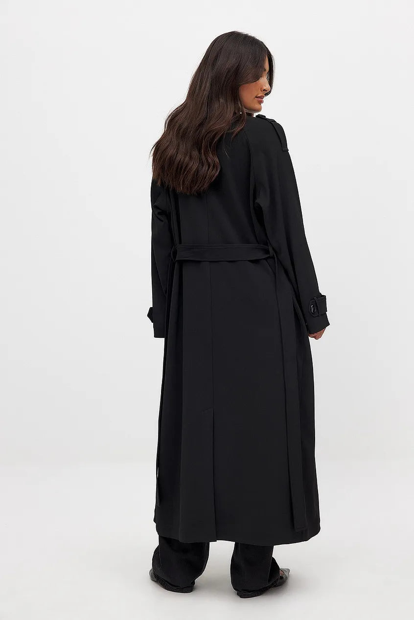 Trenchcoat Femme Élégant en Noir et Gris Foncé, Long avec Ceinture Ajustable et Détails Classiques 2