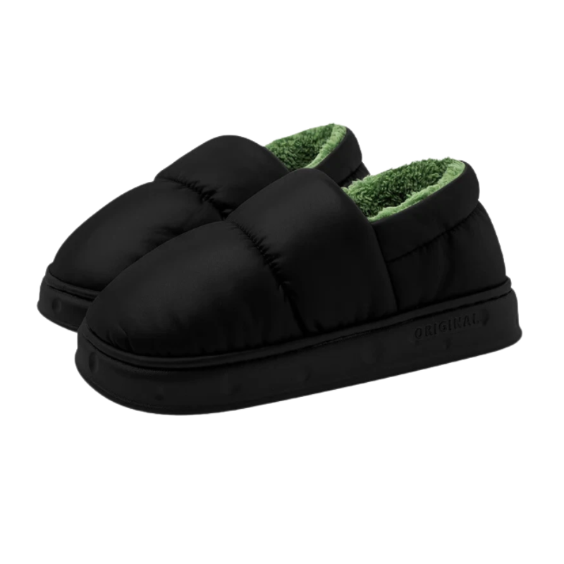 Chaussons unisexe Alex noirs style doudoune, intérieur vert doux et chaud, semelle épaisse antidérapante, parfaits pour rester au chaud à la maison.