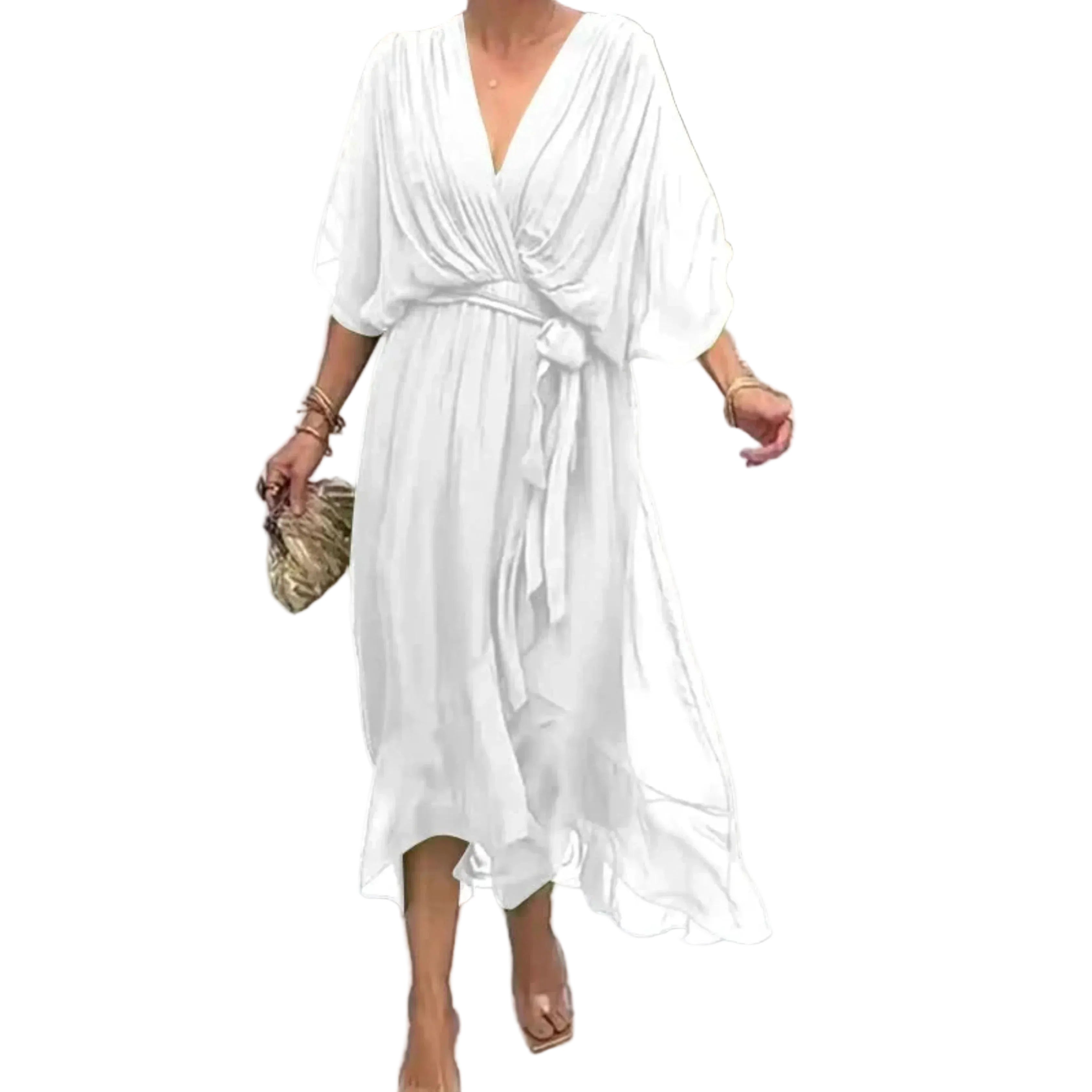 Blanche fluide, décolleté cache-cœur, manches amples et ceinture nouée à la taille, longueur midi avec ourlet volanté, en promenade.