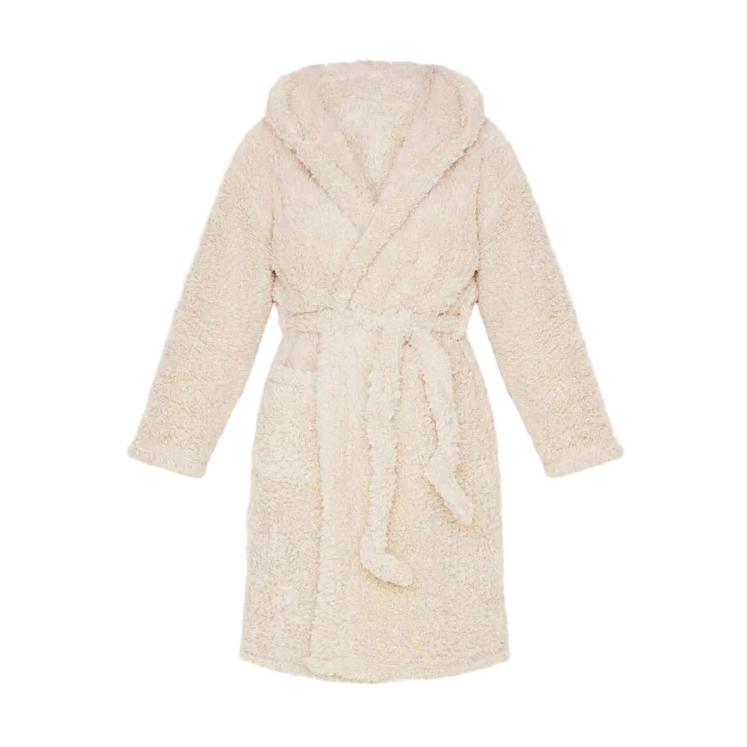 Peignoir pour femme, modèle beige à capuche, doux et moelleux, avec ceinture assortie et poches avant. Peignoir chaud et confortable, parfait pour l’hiver et les moments cocooning.