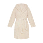 Peignoir pour femme, modèle beige à capuche, doux et moelleux, avec ceinture assortie et poches avant. Peignoir chaud et confortable, parfait pour l’hiver et les moments cocooning.