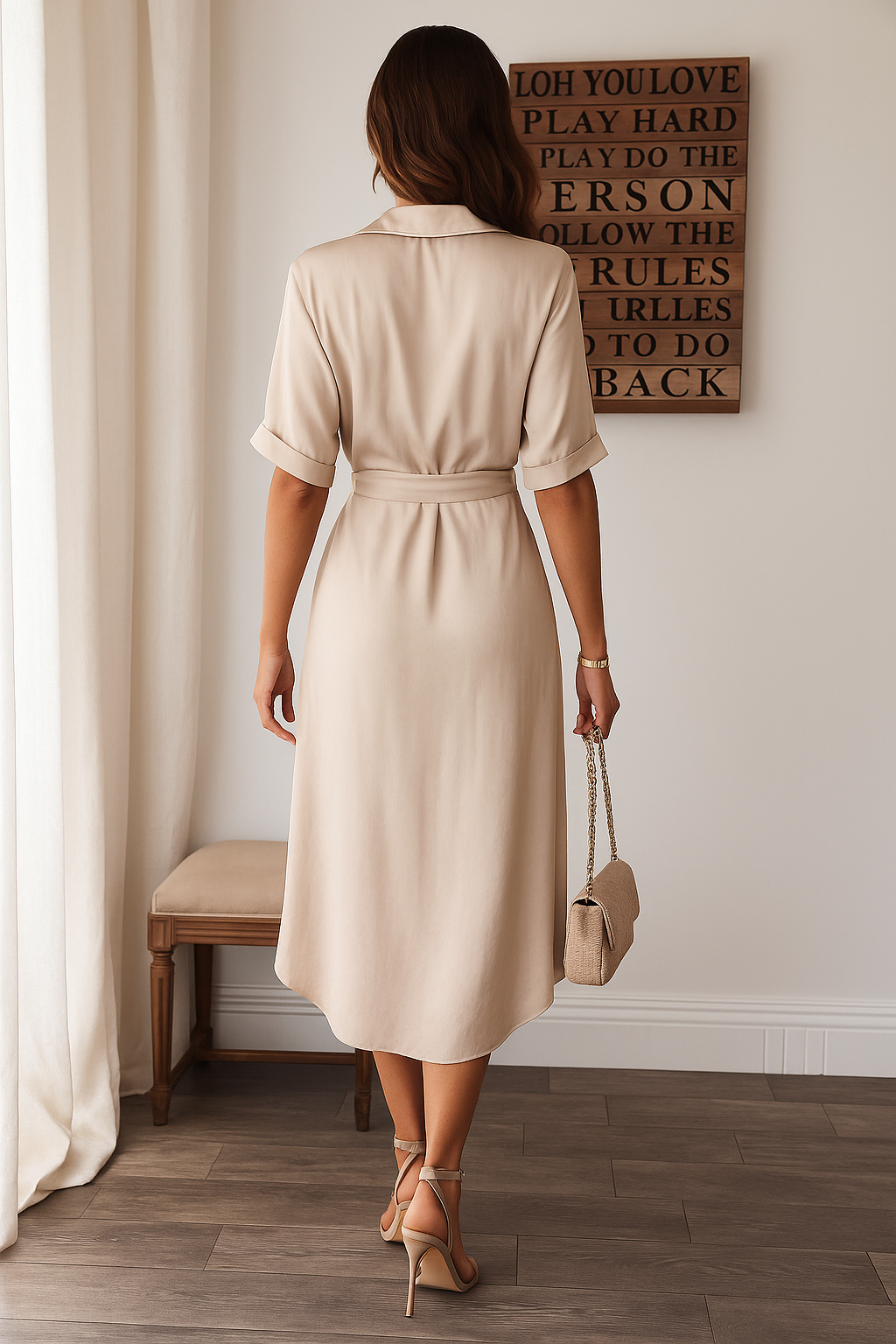 Admirez la robe Deja vue de dos, avec sa coupe élégante et fluide. Son design soigné, avec une taille marquée et une ceinture, crée une silhouette féminine et délicate, idéale pour les journées d'été. Parfaite pour un look chic et raffiné.