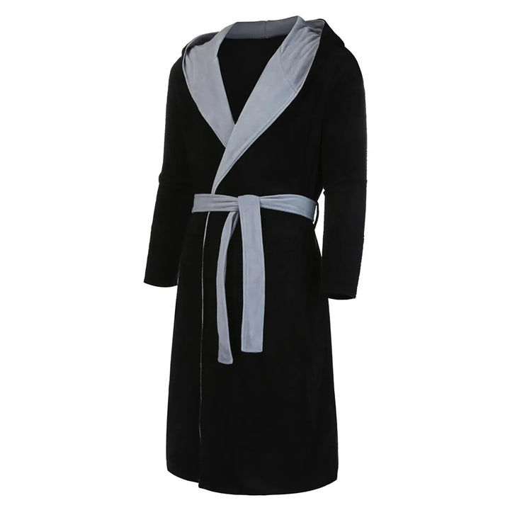 Peignoir Didier pour homme, modèle élégant et confortable en tissu noir avec col, capuche et ceinture gris clair, présenté debout sur fond blanc.