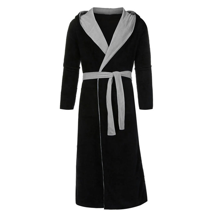 Peignoir Didier pour homme, modèle élégant et confortable en tissu noir avec col, capuche et ceinture gris clair, présenté debout sur fond blanc.