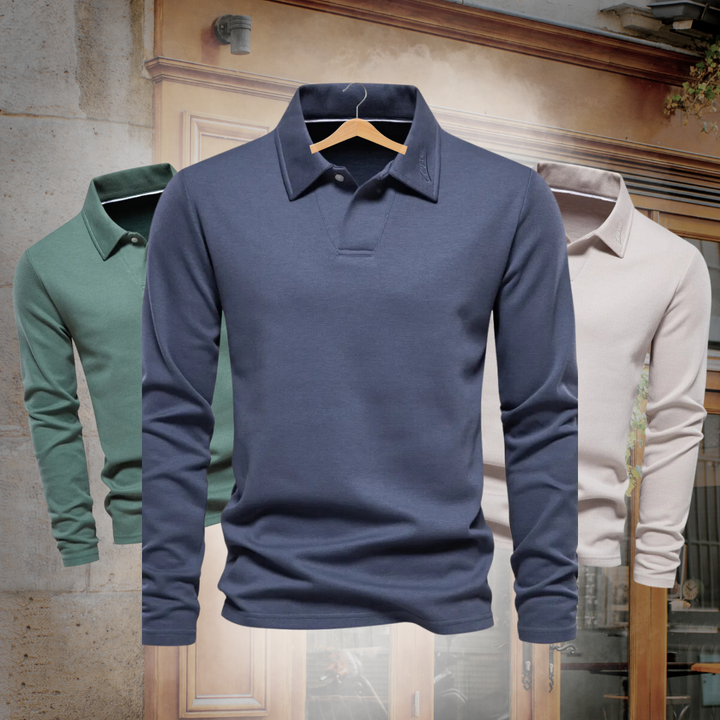 Trois polos homme à manches longues, dans des teintes vert, bleu et beige, avec col classique et coupe moderne. Des vêtements élégants et confortables, parfaits pour un look intemporel et décontracté, adaptés à toutes les saisons.