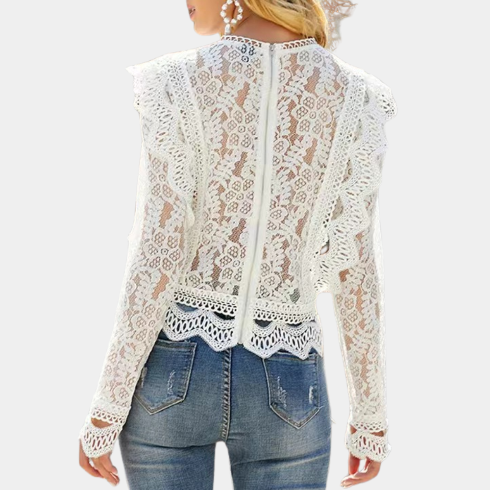 Chemisier Embry en dentelle pour femme, vue de dos, élégant et raffiné, coloris blanc avec motifs délicats, fermeture zippée et finitions travaillées, pour un look chic et féminin.