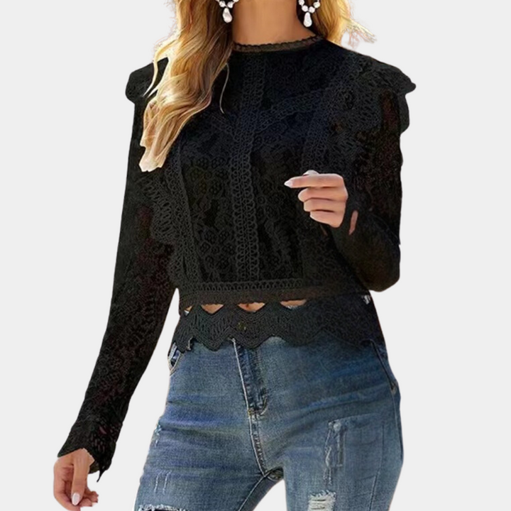 Chemisier Embry en dentelle pour femme, élégant et raffiné, coloris noir avec motifs délicats, manches longues et finitions travaillées, idéal pour un look chic et féminin.