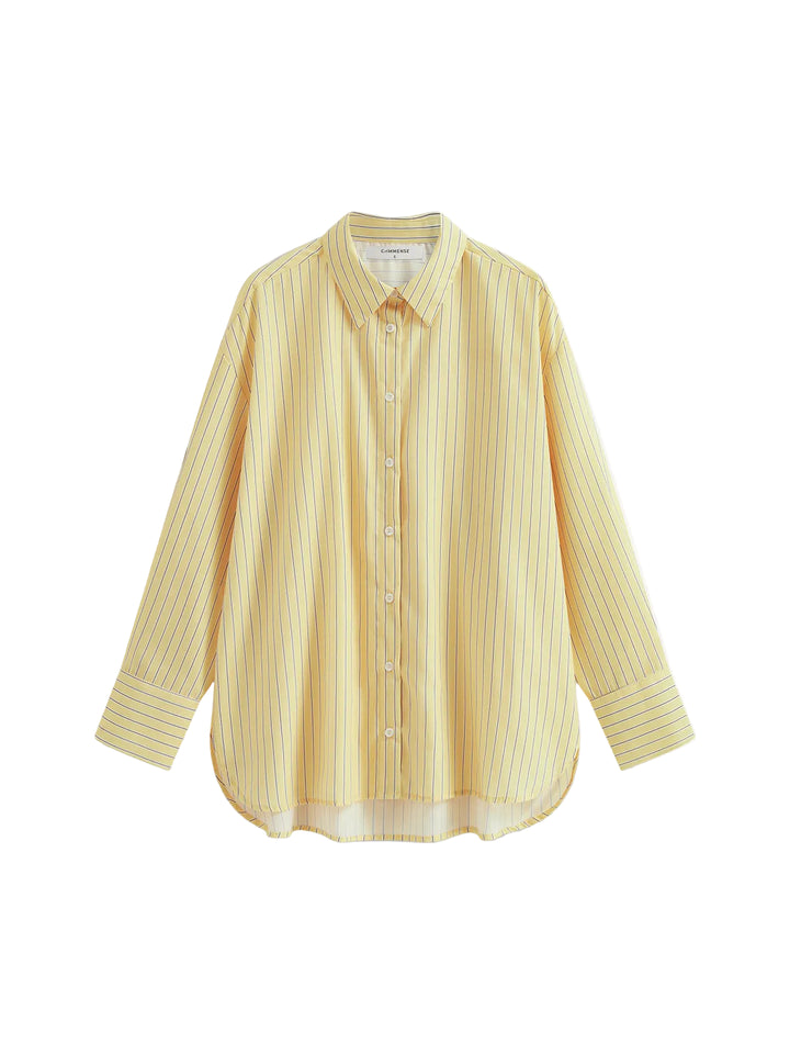 Chemise rayée Ever pour femme, jaune à fines rayures verticales, coupe classique avec manches longues, élégante et polyvalente pour un style chic au quotidien.