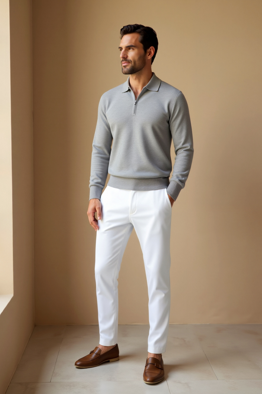 Homme portant un polo zip gris clair avec un col classique, assorti à un pantalon blanc élégant. Ce look moderne et raffiné allie confort et style, parfait pour une tenue quotidienne chic et décontractée.