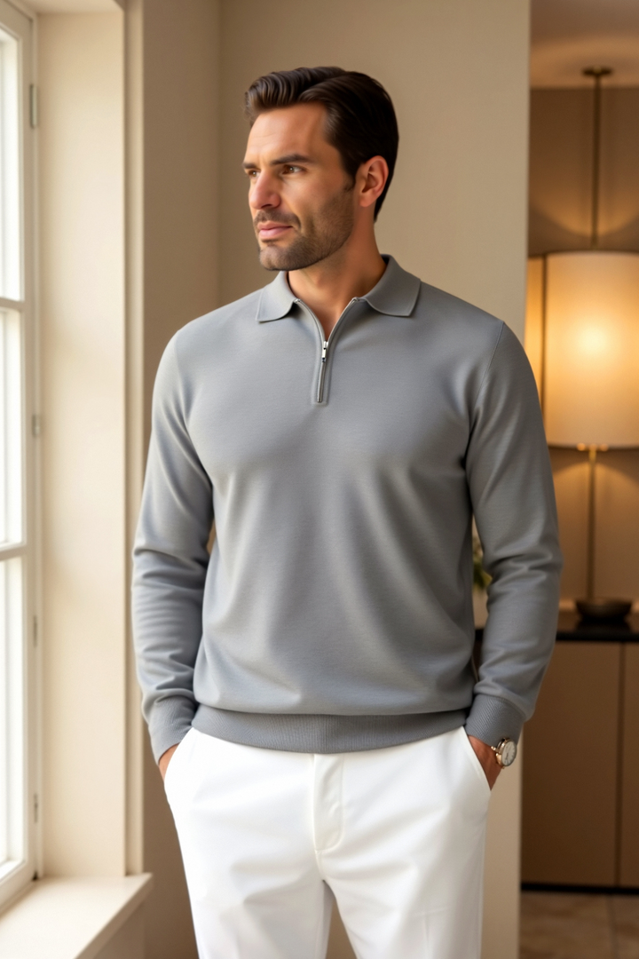 Homme portant un polo zip gris clair avec un col classique, associé à un pantalon blanc élégant. Ce look moderne et raffiné allie confort et style, idéal pour une tenue quotidienne chic et décontractée.