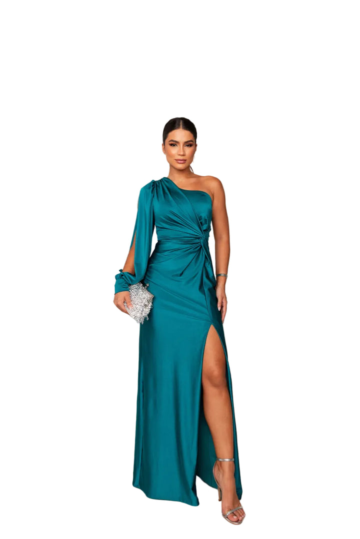 Robe longue Fifi pour femme, en satin bleu émeraude, avec une coupe asymétrique à une épaule et une fente sur le côté. Élégante et raffinée, idéale pour ajouter une touche glamour à vos soirées.