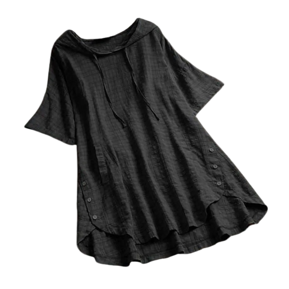 Tunique Frida pour femme, légère et confortable, coupe ample à manches courtes, coloris noir avec détails boutonnés et tissu texturé, idéale pour un look décontracté et élégant.