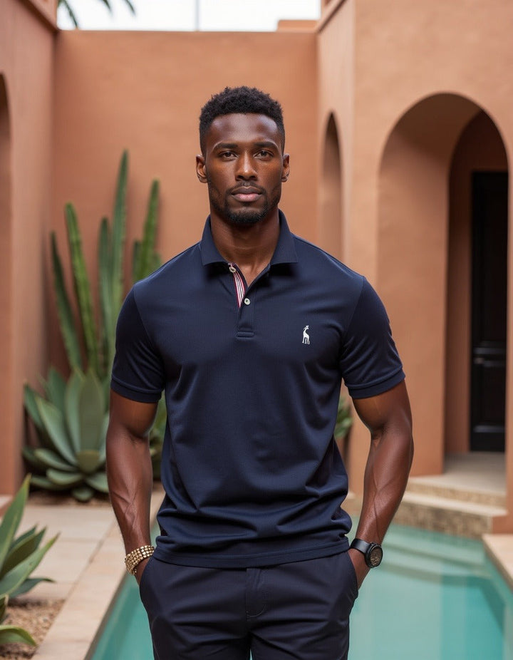 Un homme portant le polo slim Frimin de couleur bleu marine, avec des détails de col multicolores et un logo de girafe brodé sur la poitrine. Ce polo, parfaitement ajusté, offre une allure élégante et moderne, tout en étant confortable et idéal pour diverses occasions. Le cadre extérieur ajoute une touche de sophistication au look.