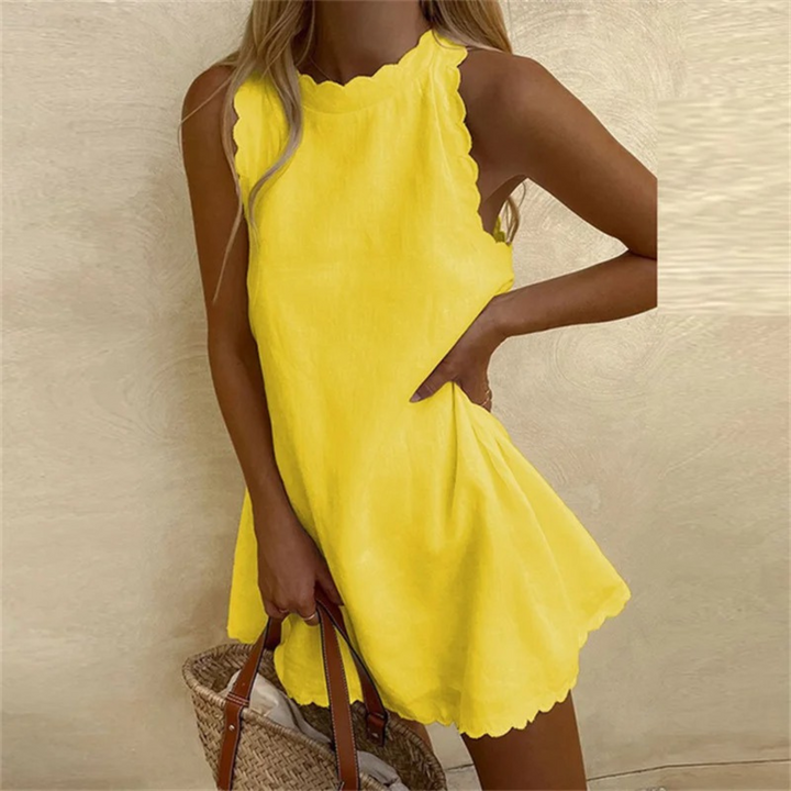 Robe mini en lin Gable pour femme, de couleur jaune vif, légère et élégante avec un col festonné. Parfaite pour l&