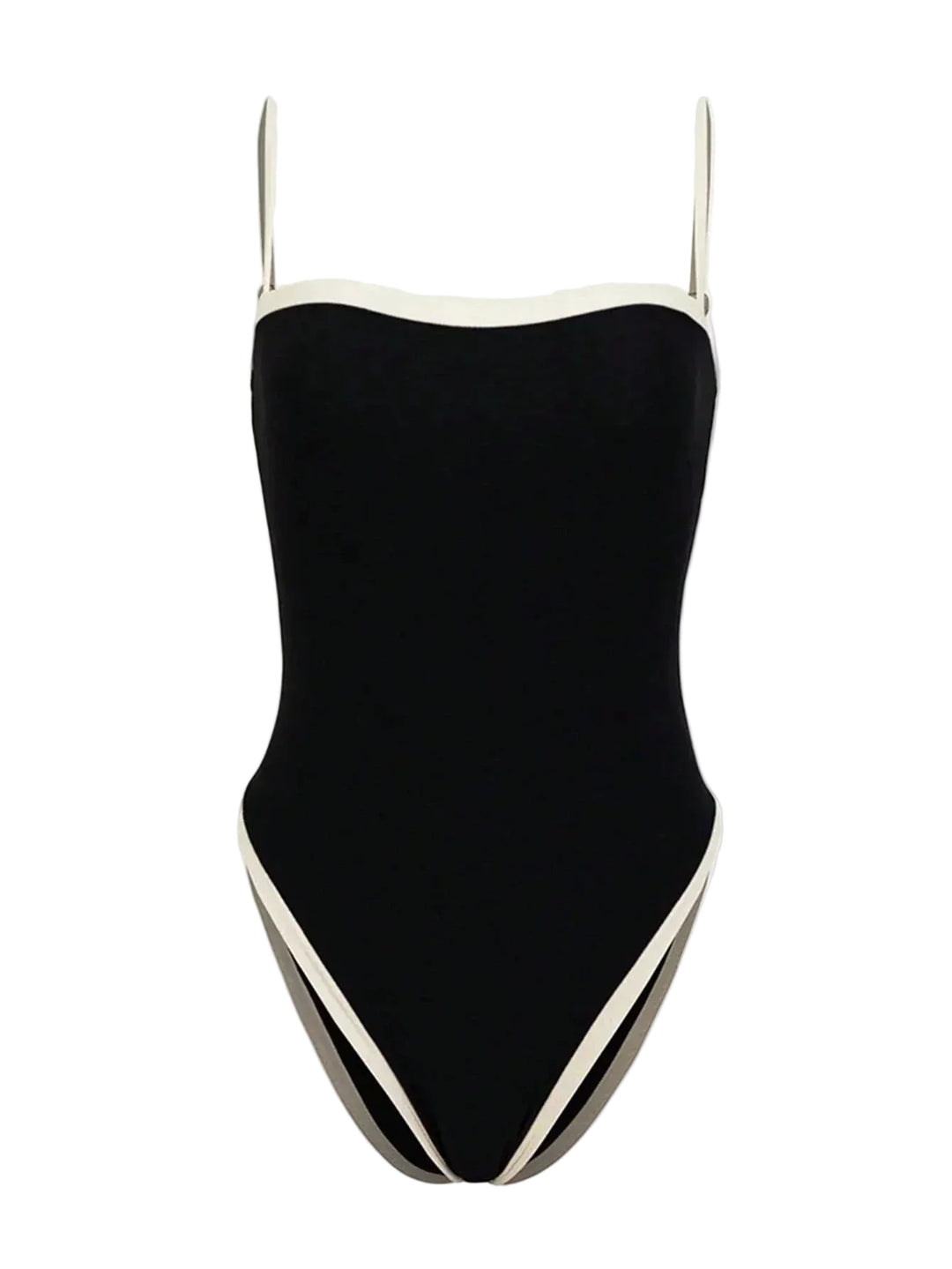 Maillot de bain femme une pièce noir avec bordures contrastées blanches, doté de fines bretelles et d’une coupe échancrée, pour un style élégant, moderne et confortable.