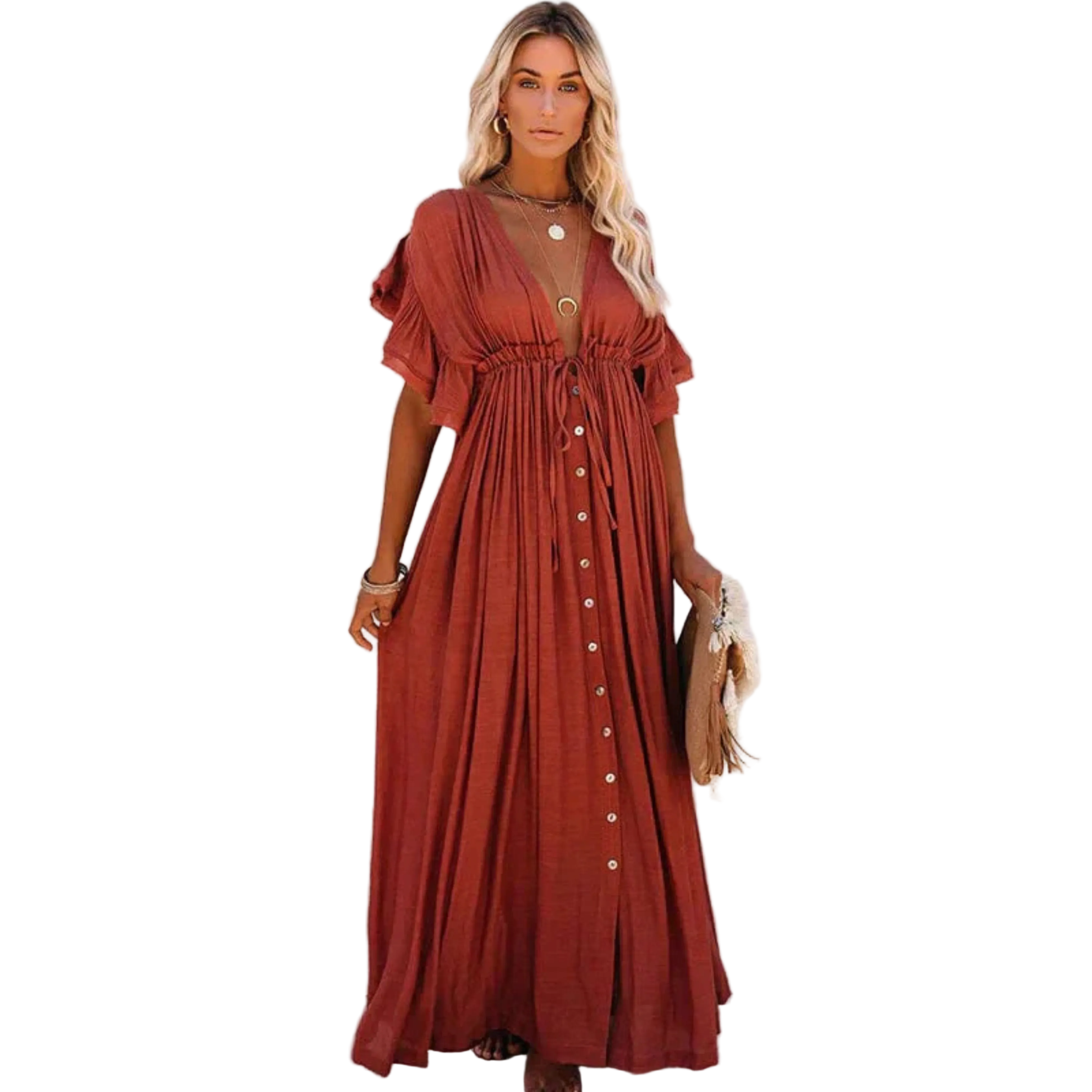 Avec son design fluide, ses manches volantées et ses boutons sur toute la longueur, elle offre un look chic et décontracté, idéal pour l'été.