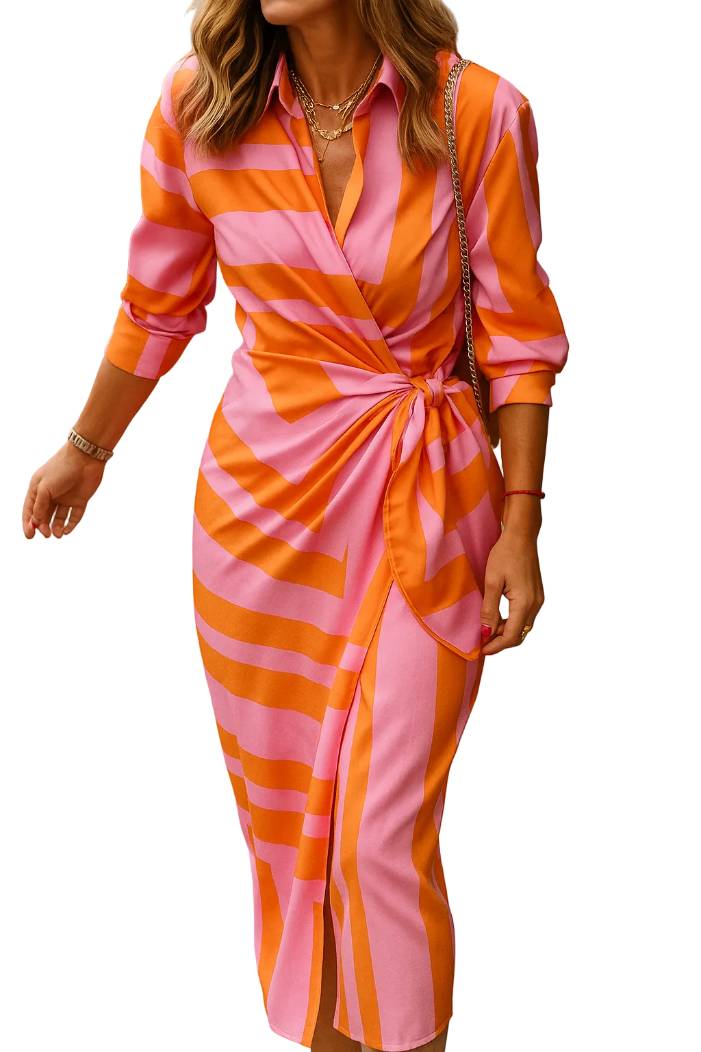 Robe portefeuille à rayures roses et oranges, avec un nœud sur le côté, parfaite pour un look chic et décontracté, idéale pour une sortie estivale.