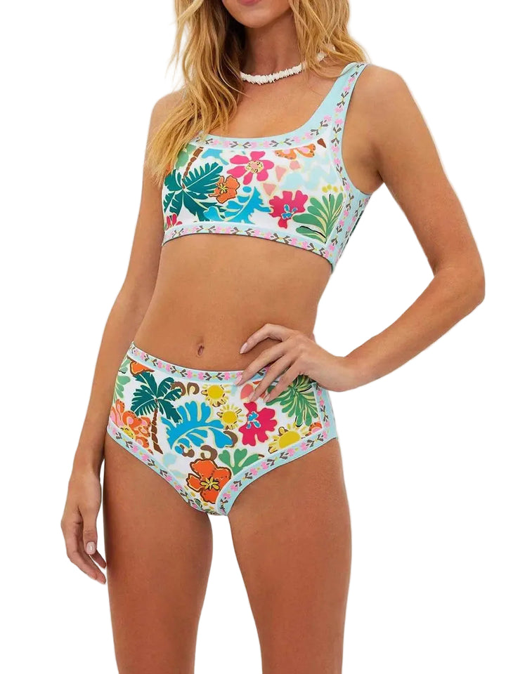 Bikini femme Mary ensemble deux pièces à motif floral coloré, avec haut à larges bretelles et bas taille haute, offrant un style confortable et élégant.