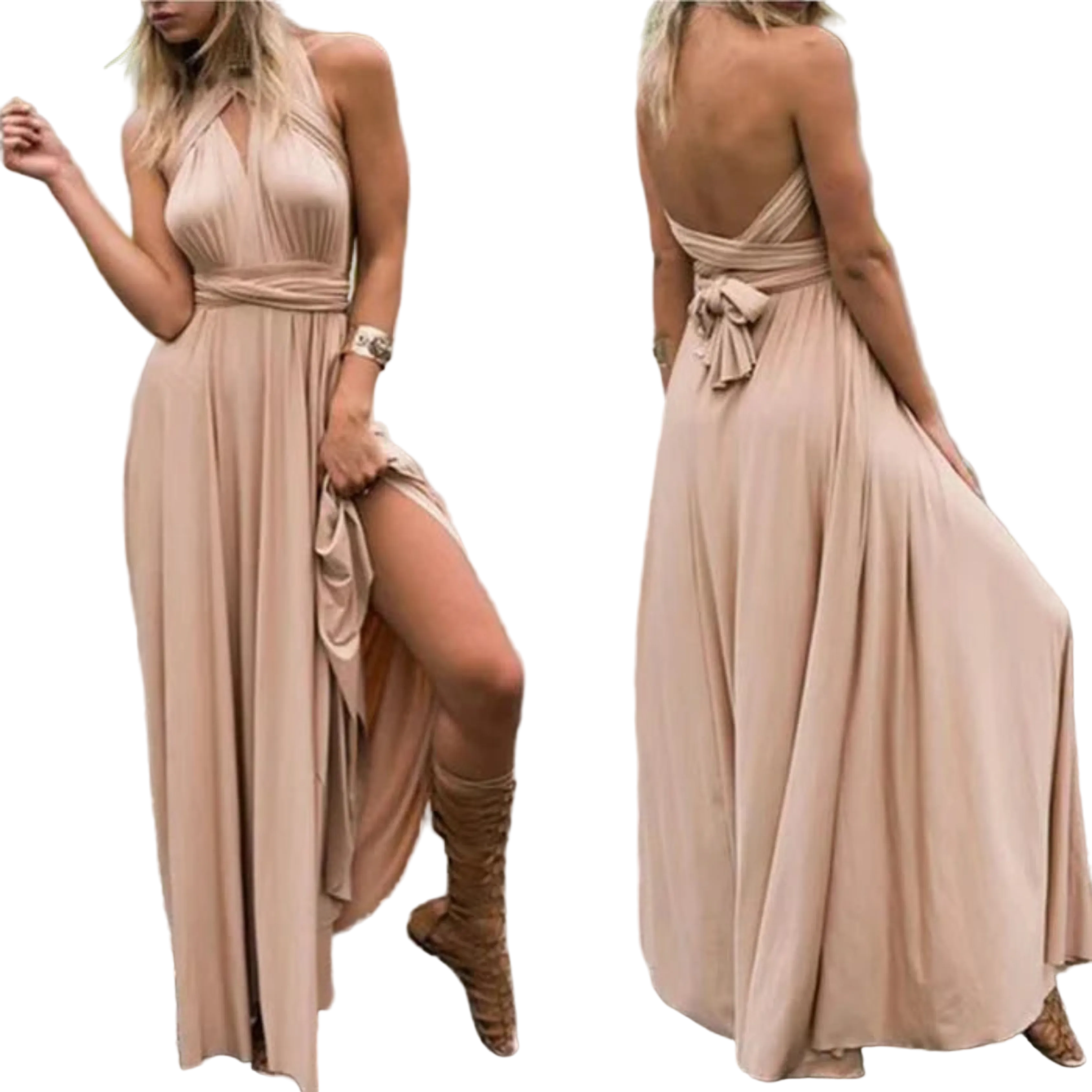 Une robe longue en polyester beige, parfaite pour les occasions spéciales. Elle présente un décolleté halter élégant et un dos nu avec un joli nœud, combinant confort et sophistication. Son tissu fluide et sa coupe moderne apportent une touche chic et féminine, idéale pour les soirées et événements formels.