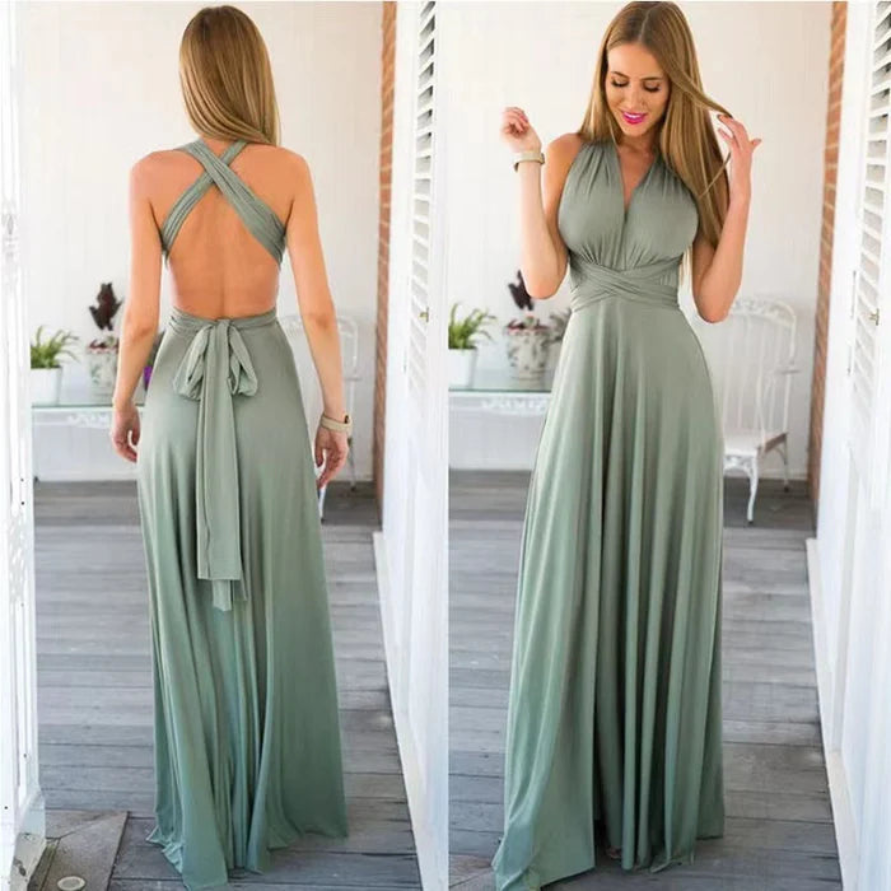 Robe longue vert pâle, avec un dos croisé et un joli nœud à la taille, pour un style à la fois moderne et élégant. Son tissu fluide et léger assure un confort optimal tout en mettant en valeur la silhouette. Idéale pour les occasions spéciales, cette robe combine raffinement et confort.