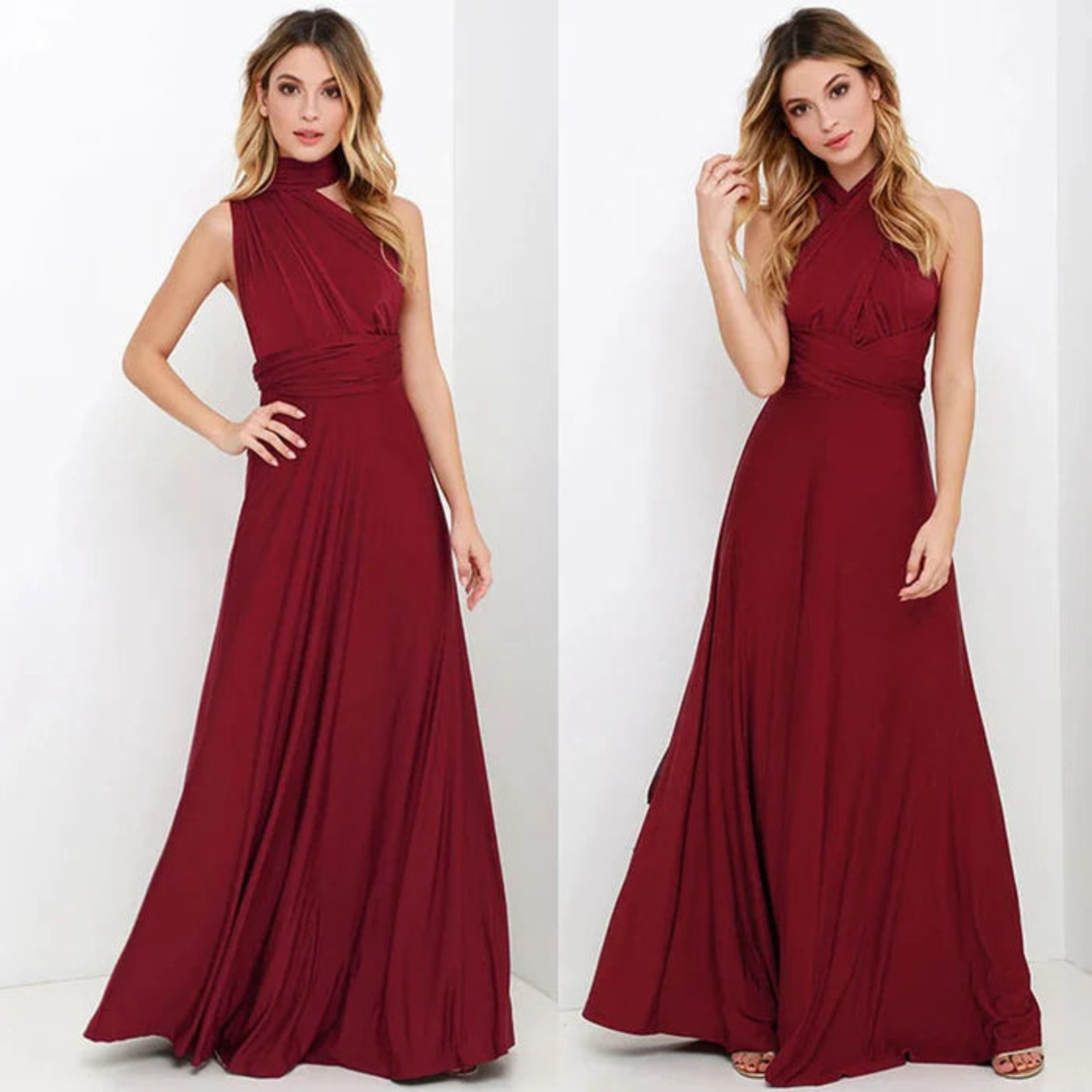 Robe longue bordeaux, au design chic et moderne. Son col haut et son décolleté croisé apportent une touche sophistiquée, tandis que sa coupe fluide et évasée assure un confort optimal. Parfaite pour les occasions formelles, elle combine élégance et simplicité dans un tissu polyester doux et léger.