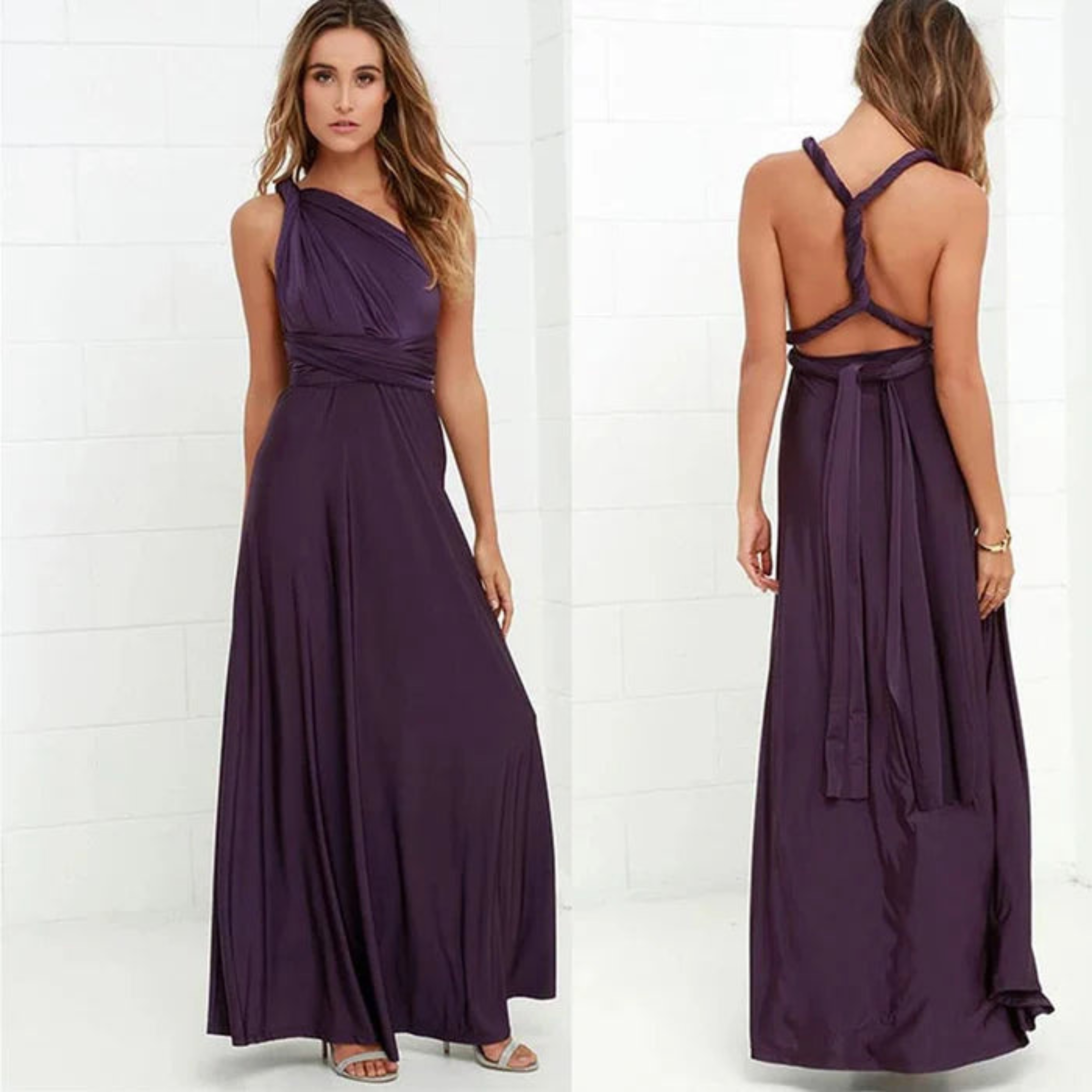 Robe longue violette, au design élégant et moderne. Son épaule unique et son dos croisé avec des bretelles entrelacées ajoutent une touche sophistiquée et audacieuse. Fabriquée en polyester fluide, elle offre confort et légèreté, idéale pour un événement formel ou une soirée spéciale.