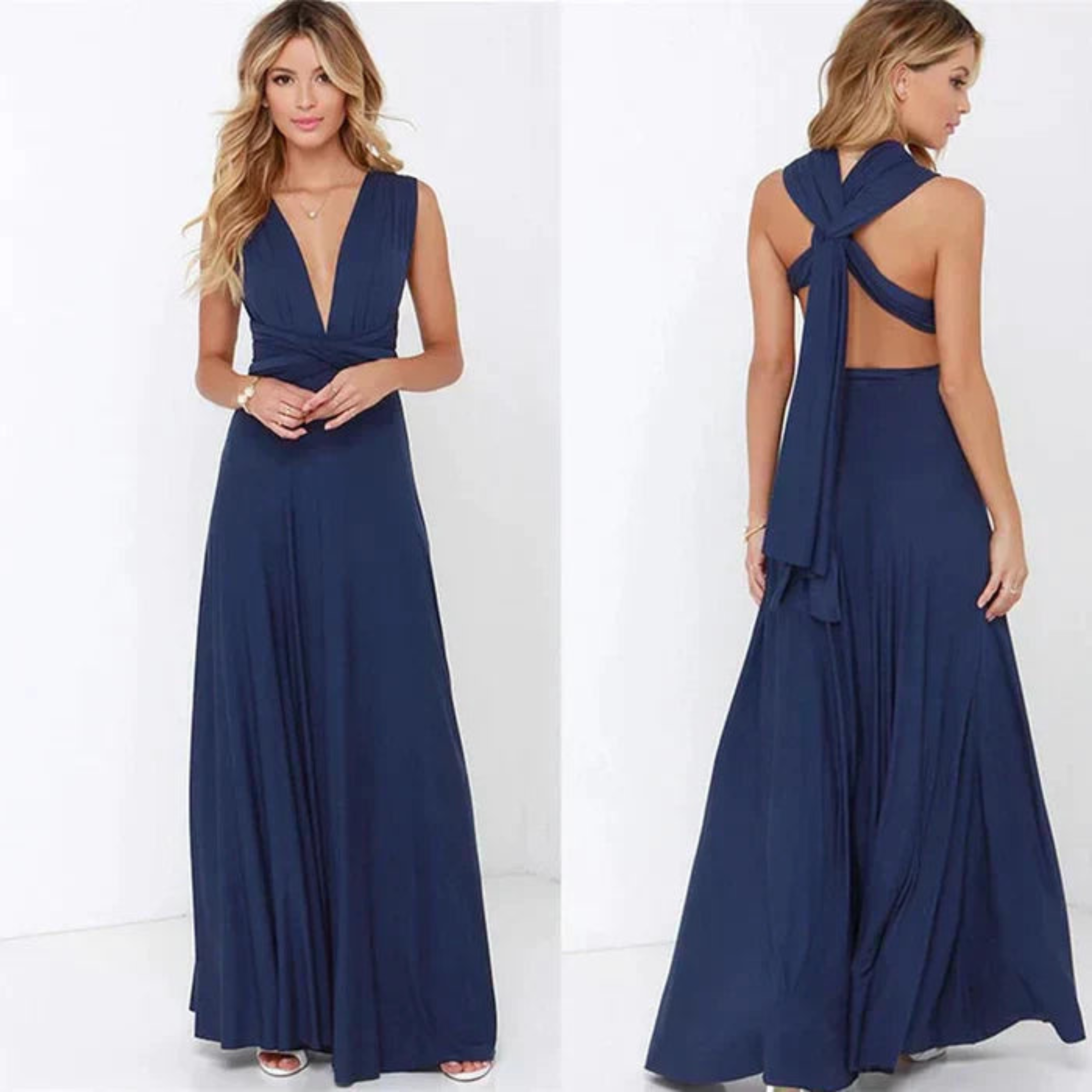 Robe longue bleu marine, au décolleté en V élégant et à l'arrière noué, ajoutant une touche sophistiquée et féminine. Sa coupe fluide et son tissu léger assurent un confort optimal, tandis que sa silhouette flatteuse est idéale pour les soirées et événements formels. Un choix parfait pour allier élégance et confort.