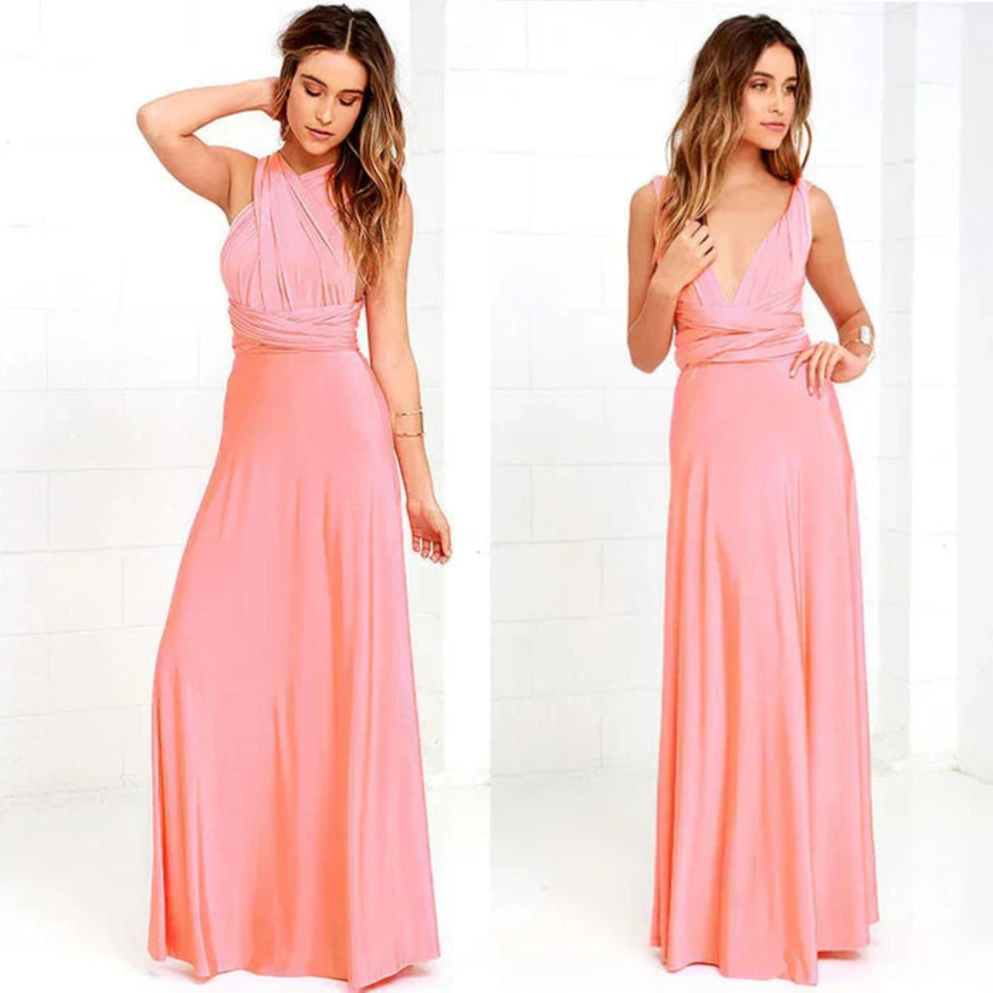 Robe longue rose saumon, avec un décolleté plongeant et des bretelles croisées, créant un look élégant et moderne. Son tissu fluide et doux assure un confort optimal tout en mettant en valeur la silhouette. Parfaite pour les occasions spéciales, cette robe combine raffinement et féminité.