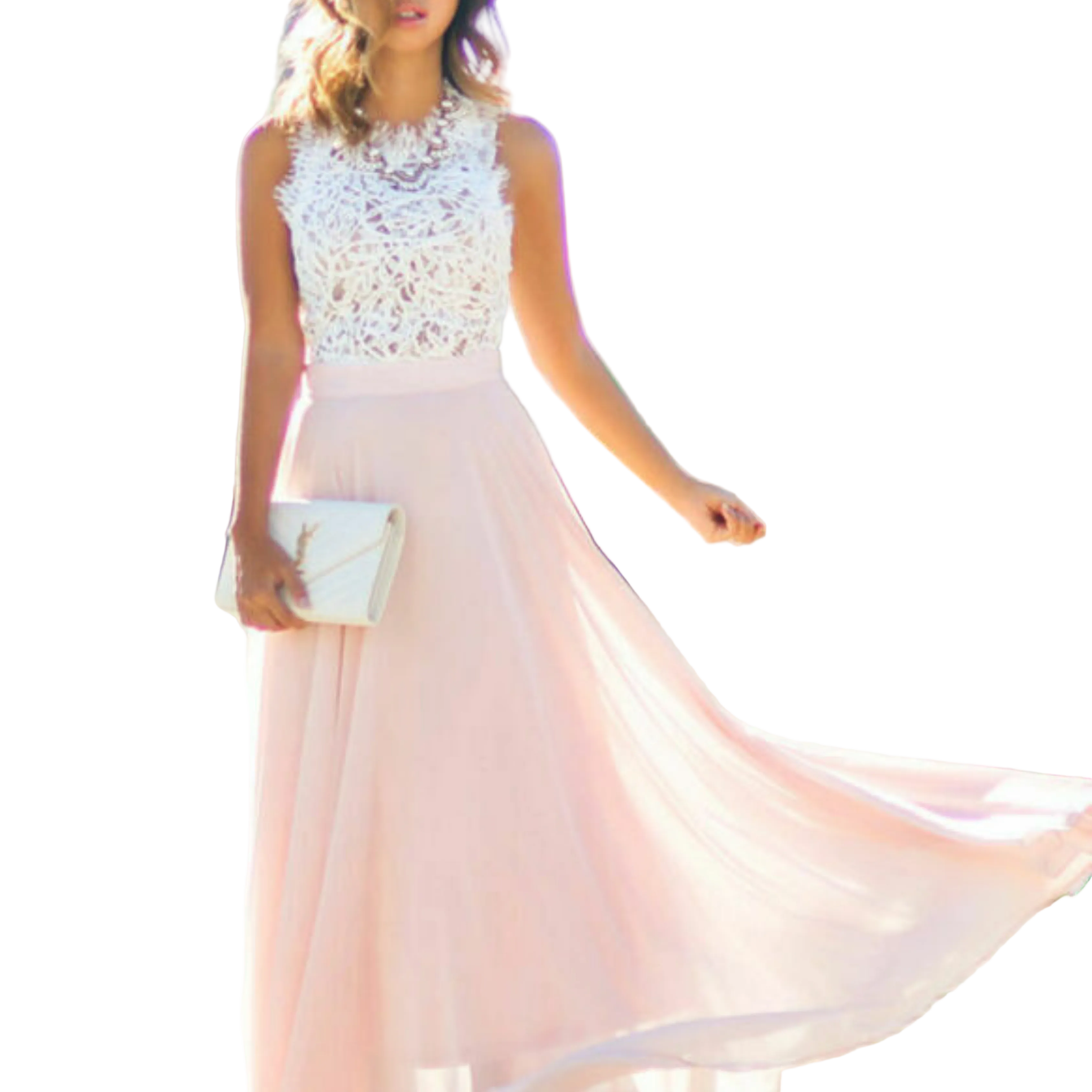 Robe longue femme Nina, légère et fluide, idéale pour l'été. Cette robe élégante, avec un haut en dentelle blanche et une jupe rose, est parfaite pour une occasion spéciale ou une soirée d'été.