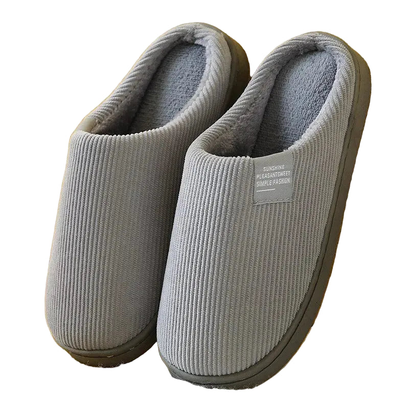 Chaussons unisexe Noé gris en velours côtelé, intérieur chaud et moelleux, semelle épaisse antidérapante, idéals pour rester confortablement à la maison.